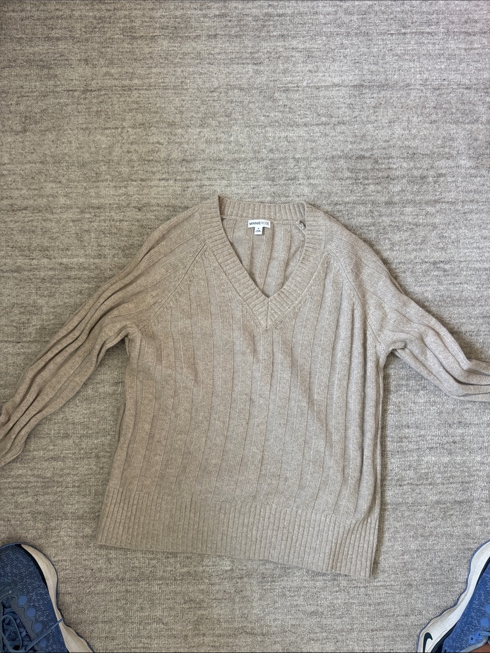 Minnie Rose Women's V-Neck Ribbed Sweater - Beige/Taupe